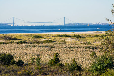 A scenic look at the Verrazano Narrows Bridge from across the Sandy Hook and Lower Bay.