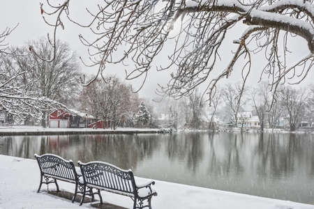 A scenic snowy view of Lake Weamaconk in Englishtown New Jersey.の写真素材
