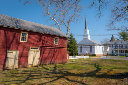 ENGLISHTOWN, NEW JERSEY - APRIL 14 - A scenic view of a barn and church near the historic Village...