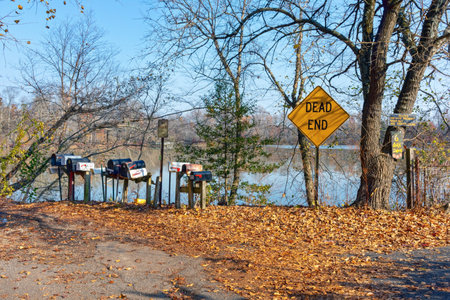 SMITHVILLE VILLAGE, NEW JERSEY-NOVEMBER 16: A collection of rural mailboxes between parkland and...