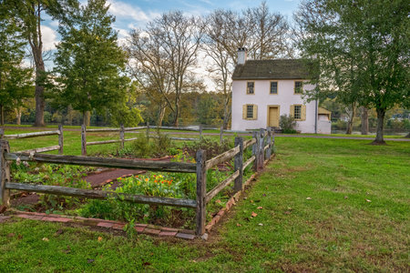 Historic colonial home and garden in Washington Crossing Park in Bucks County Pennsylvania.