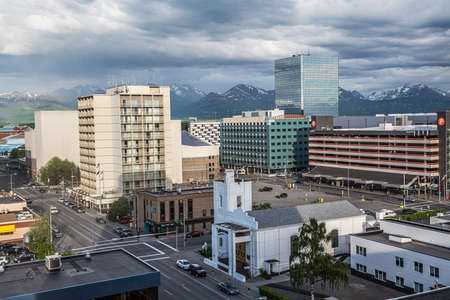 ANCHORAGE, ALASKA - JUNE 4 - A scenic view of the city with buildings and streets on June 4 2019 in Anchorage Alaska.のeditorial素材