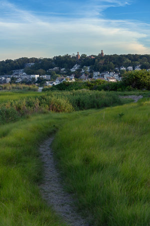 A grassy path on the bay side of Sandy Hook with the Twin Lights Lighthouse off in the dustance.