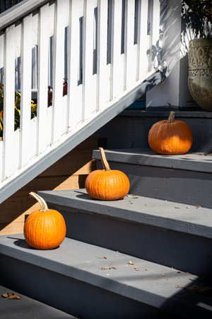 Pumpkins outside on the steps in this Long Valley, NJ home.の写真素材