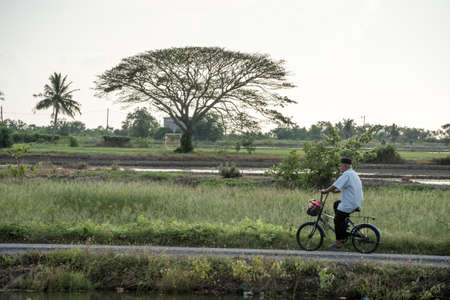 Kedah,Malaysia - 11-05-2019 : the old asian man cycling thru the village in the evening at Kedah,Malaysia.のeditorial素材
