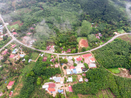 Aerial view in the rainforest with the resident area in the valley.の写真素材