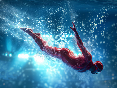 Swimmer in red swimsuit floating in blue water. Mixed mediaの素材