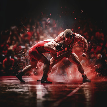 Two professional wrestlers in red wrestling tights fighting in the arena.の素材