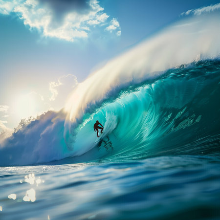 Surfer on big blue ocean wave at sunset. 3D Renderingの素材