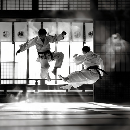 Black and white photo of taekwondo training in the gymの素材