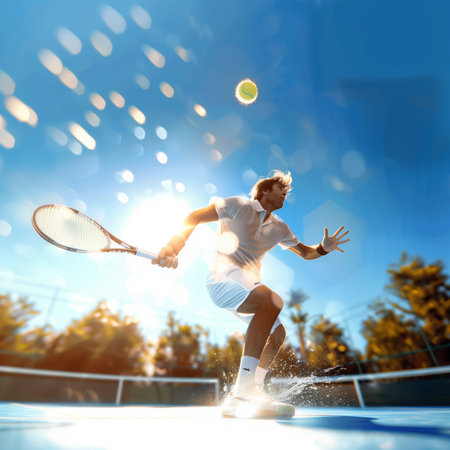 Tennis player in action on tennis court at sunset. Mixed mediaの素材