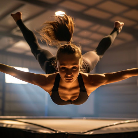 Athletic young woman in black sportswear doing acrobatic elements in the studioの素材