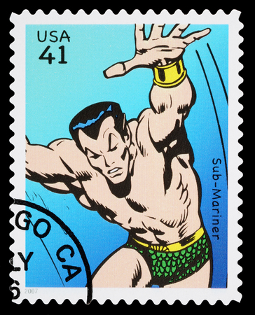 UNITED STATES - CIRCA 2007: A Used Postage Stamp printed in the USA showing the Superhero Sub Mariner, circa 2007のeditorial素材