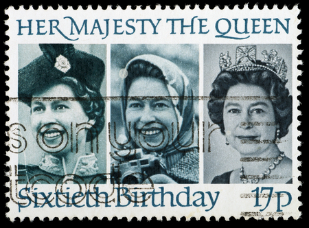 UNITED KINGDOM - CIRCA 1986: British Used Postage Stamp celebrating the 60th Birthday of Queen Elizabeth 2nd, circa 1986のeditorial素材