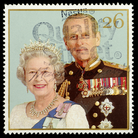 UNITED KINGDOM - CIRCA 1997: British Postage Stamp celebrating the Golden Anniversary of the Royal Wedding in 1947 of Queen Elizabeth 2nd, circa 1997のeditorial素材