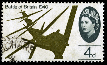 UNITED KINGDOM - CIRCA 1965: A used postage stamp printed in Britain celebrating the 25th Anniversary of the Battle of Britain showing a Flight of Supermarine Spitfires, circa 1965のeditorial素材