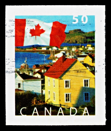 CANADA - CIRCA 2005: Used Canadian Flag Postage Stamp showing the Town of Durrell, South Twillingate Island, Newfoundland, circa 2005のeditorial素材
