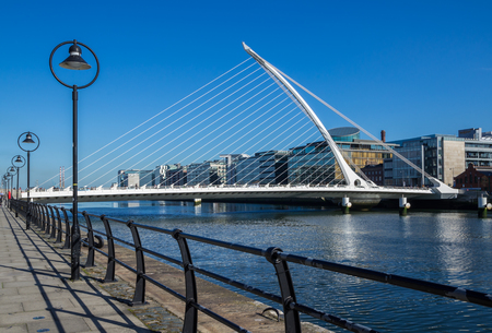 DUBLIN, IRELAND - 14 APRIL 2015: Samuel Beckett Bridge crossing the River Liffey in Dublin, Irelandのeditorial素材