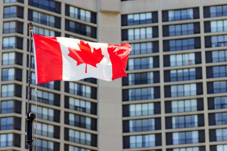 Waving canadian flag and building in the backgroundの写真素材