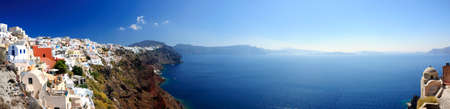 Panoramic view of Santorini village and volcanic bay, Greeceの写真素材