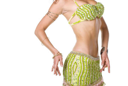Close up of Belly Dancer in a green stage costumeの写真素材