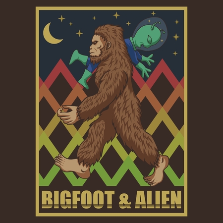 bigfoot & alien retro vector illustrationのイラスト素材