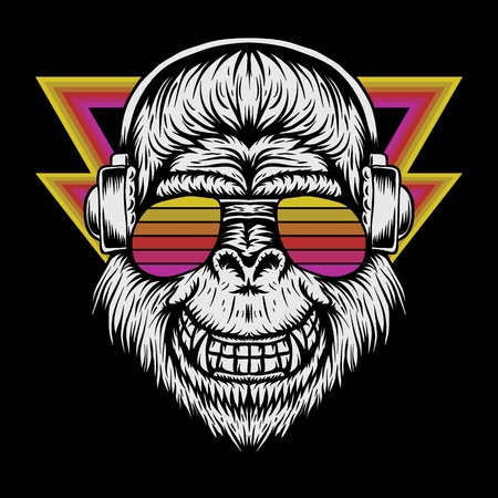 gorilla headphone retro vector illustrationのイラスト素材