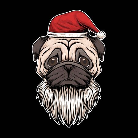 Pug dog hat and beard santa christmas illustration for your company or brandのイラスト素材