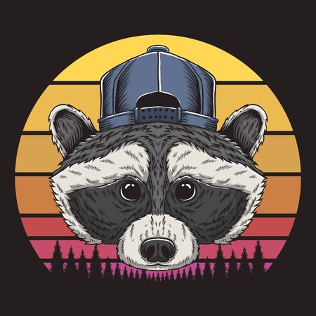 Racoon head sunset retro vector illustration for your company or brandのイラスト素材