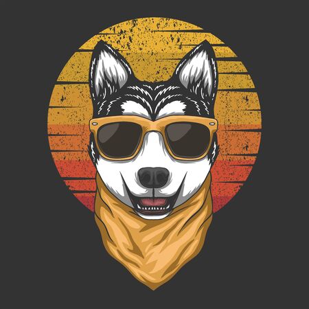 Husky sunset retro vector illustrationのイラスト素材