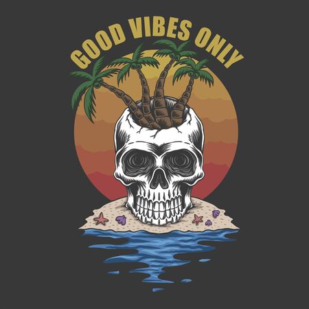 Skull beach Good vibes only vector illustrationのイラスト素材