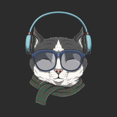 Cat Wears headphones illustration for your company or brandのイラスト素材