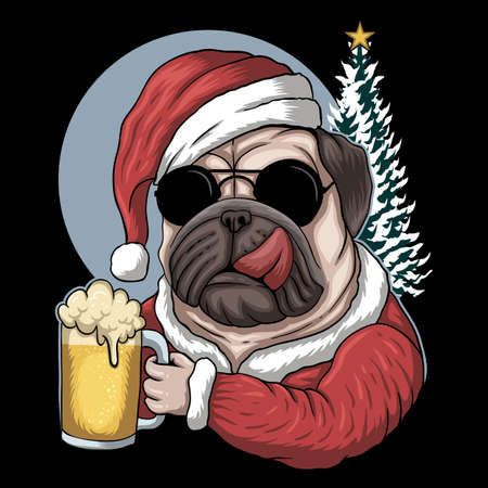 Pug dog beer wearing a santa costume for christmas vector illustration for your company or brandのイラスト素材