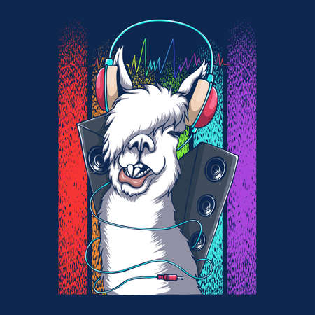Llama headphone DJ retro vector illustration for your company or brandのイラスト素材