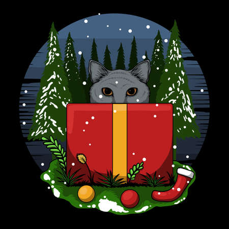 merry christmas kitten gift box vector illustration for your company or brandのイラスト素材