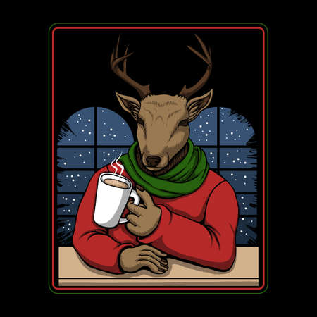 deer drinking coffee merry christmas vector illustration for your company or brandのイラスト素材