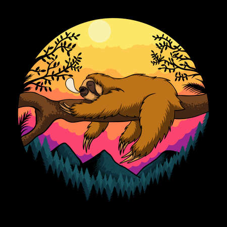 Sloth sleep sunset retro vector illustration for your company or brandのイラスト素材