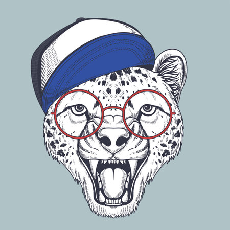 Cheetah Hand drawn wearing a red glasses and hat for your company or brandのイラスト素材