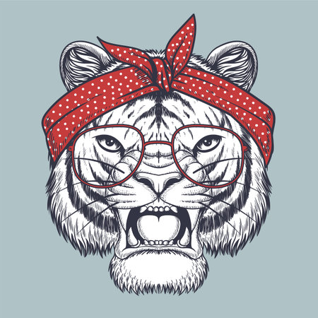 Tiger angry hand drawn wearing a red glasses and bandana polka dot for your company or brandのイラスト素材