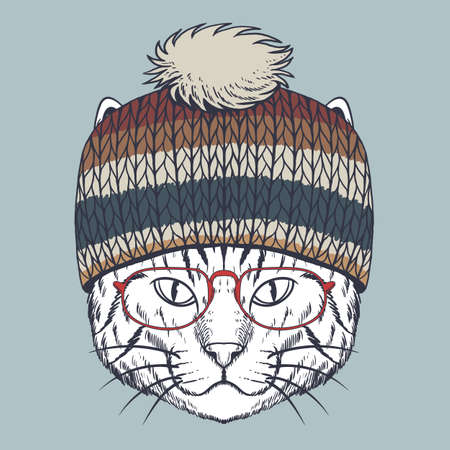Cat hand drawn wearing a red glasses and beanie for your company or brandのイラスト素材