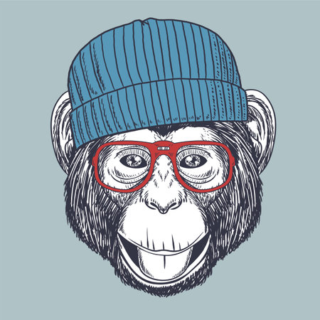 Chimpanzee monkey hand drawn wearing a red glasses and beanie for your company or brandのイラスト素材