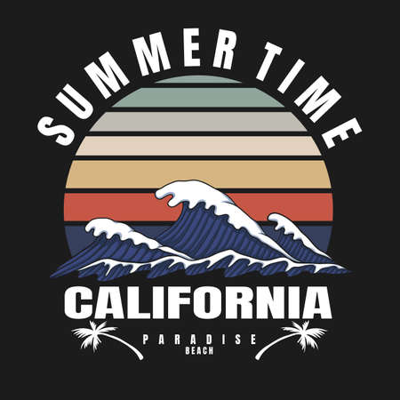 Califronia summer time waves retro vector illustrationのイラスト素材