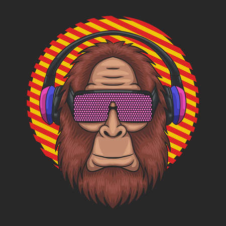 Bigfoot wearing a techno eyeglasses and headphone vector illustrationのイラスト素材