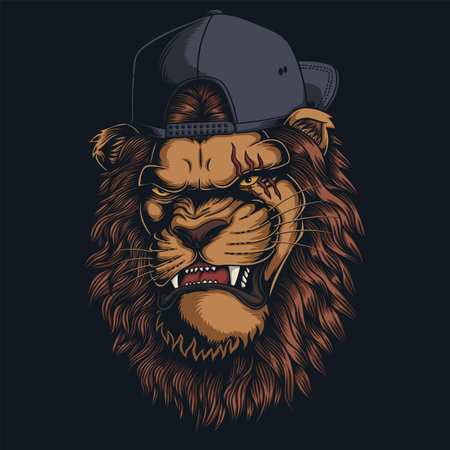 Lion angry wearing backwards hat vector illustration for your company or brandのイラスト素材