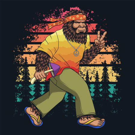 Bigfoot hippie walking retro vector illustration for your company or brandのイラスト素材