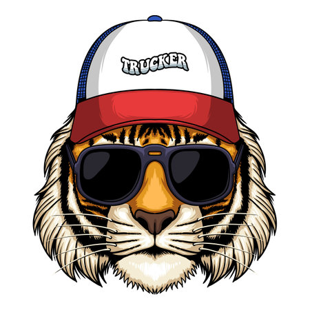 Tiger head wearing trucker hat cap vector illustration for your company or brandのイラスト素材