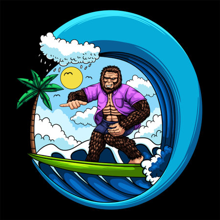 Sasquatch surfing with waves vector illustration for your company or brandのイラスト素材
