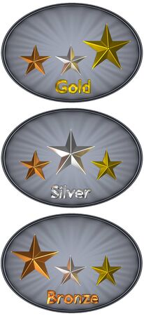 isolated 3D oval grey metal plate with corrugated stars bronze, silver and gold on it. Concept: quality, award or order levels.の写真素材