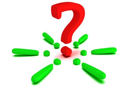 A red question mark in the middle of fallen green exclamation marks lying on the floor, 3d illustration isolated on a white background. Business concept: the main question left after discussionの写真素材