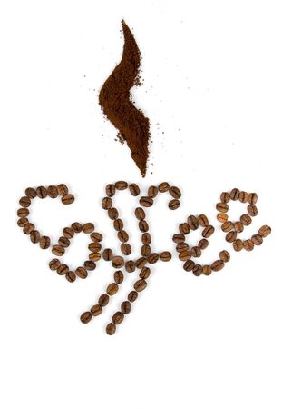 text by coffee beans isolated over whiteの写真素材